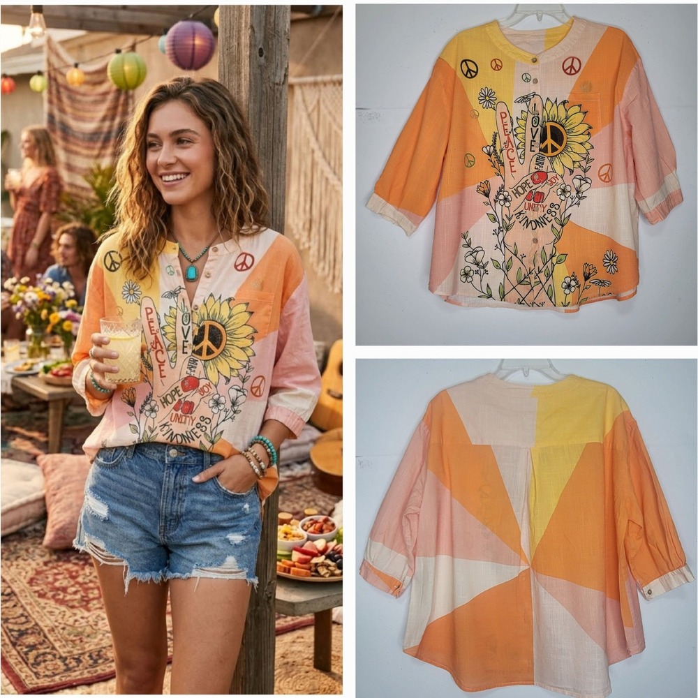 Women Graphic Peace Hippie Art Casual Cotton Linen Button Top Sunflower Boho XL